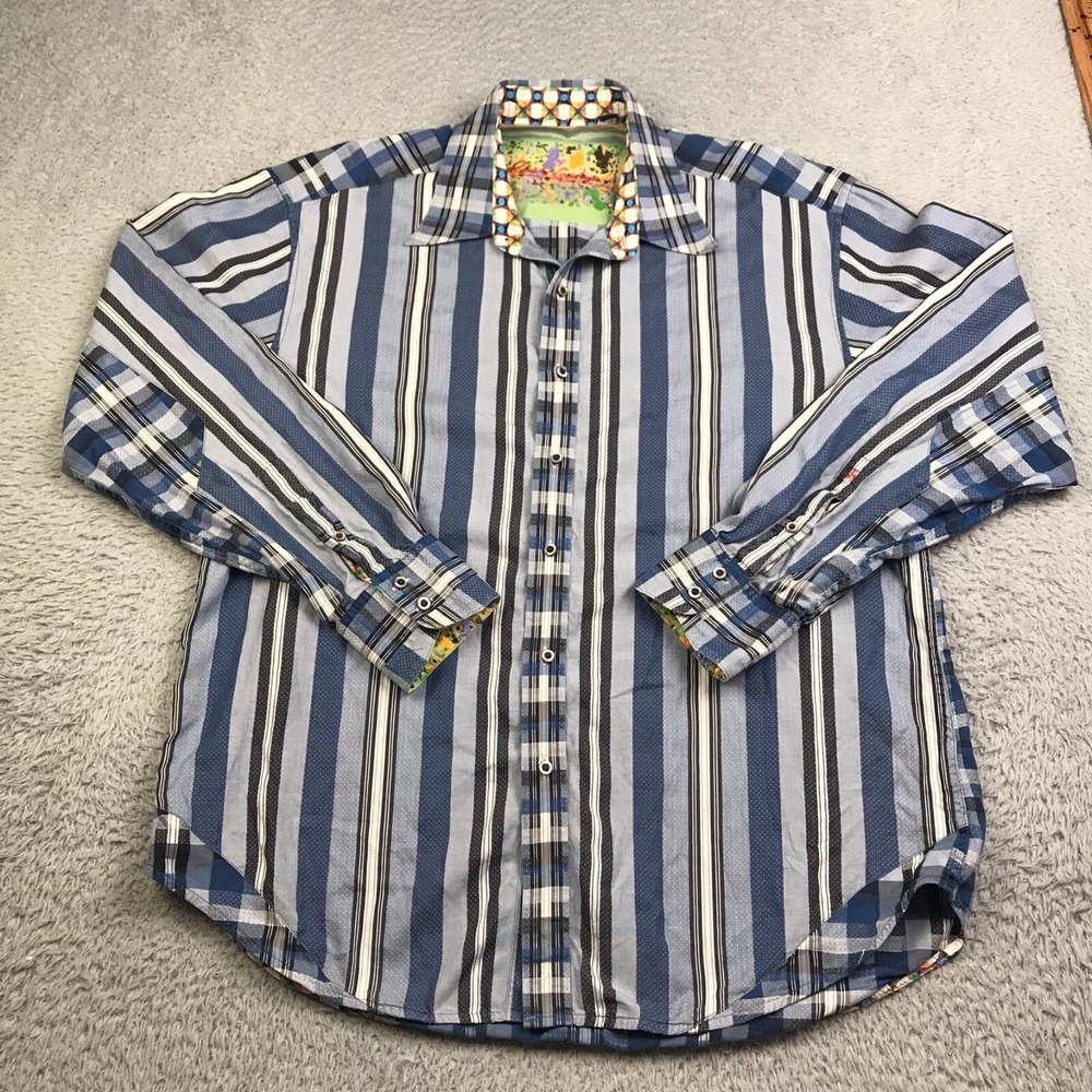 Robert Graham Shirt Mens XL Navy Striped Multi Pattern Embroidered Flip Cuff